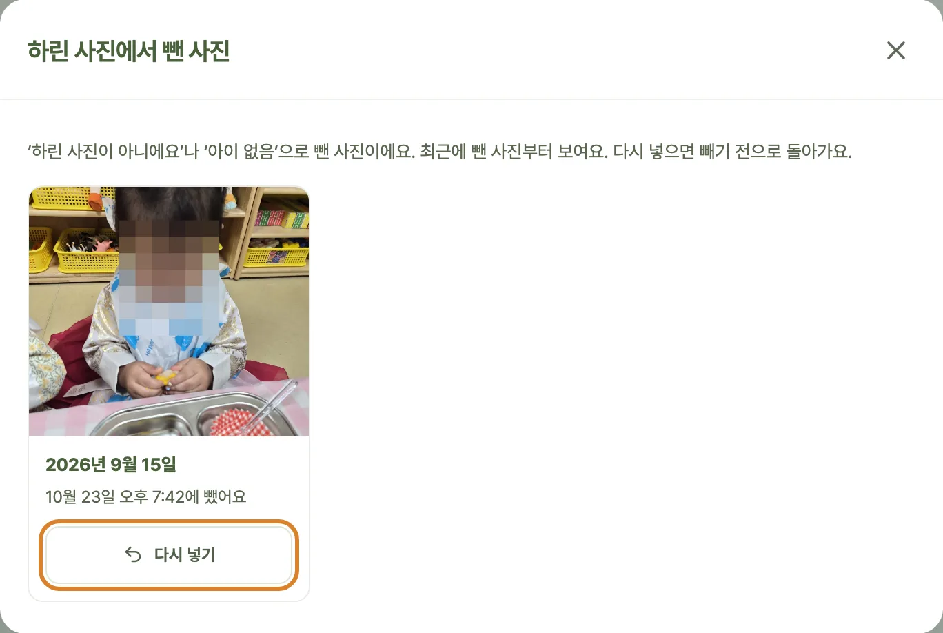 하린 사진에서 뺀 사진 창. 뺀 사진 아래에 ‘다시 넣기’ 버튼이 있다.